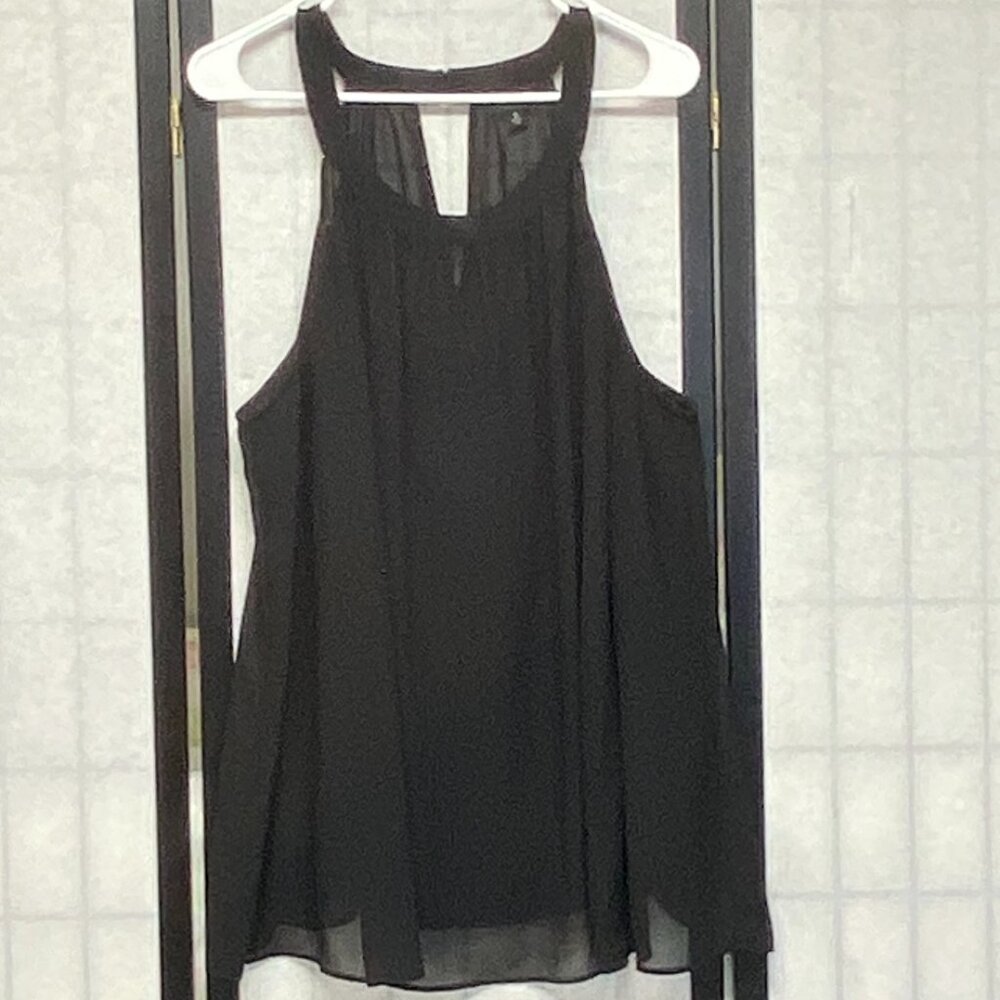 Torrid Black High Neck Crepe Overlay Swing Blouse 2 Cutaway Sleeve Keyhole Back